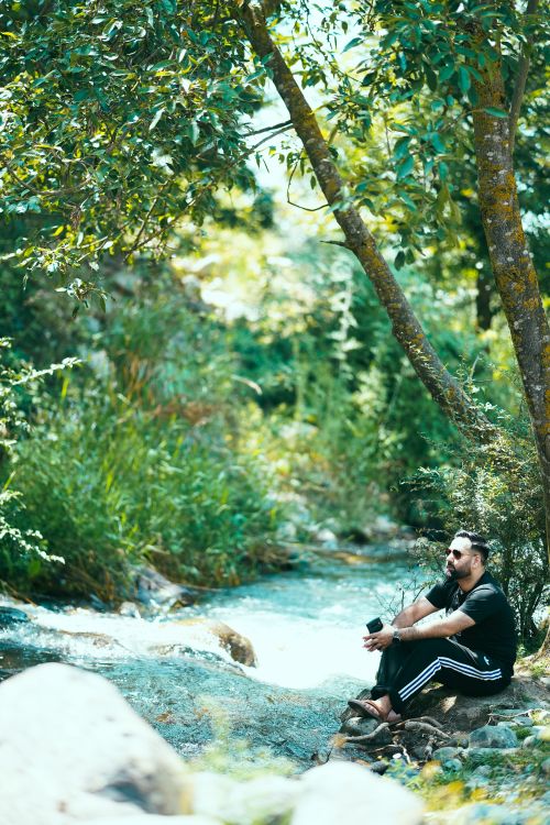 Free A man sits peacefully by a flowing stream in the forest, enjoying nature's tranquility. Stock Photo