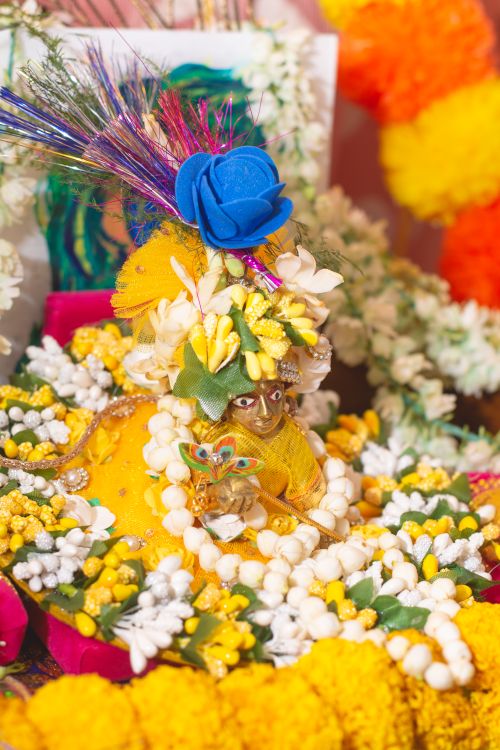 Free Intricate Hindu deity adorned with vibrant floral decorations, showcasing spiritual traditions. Stock Photo