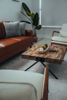 Elegant living room featuring a leather sofa, wooden coffee table, and indoor plant.