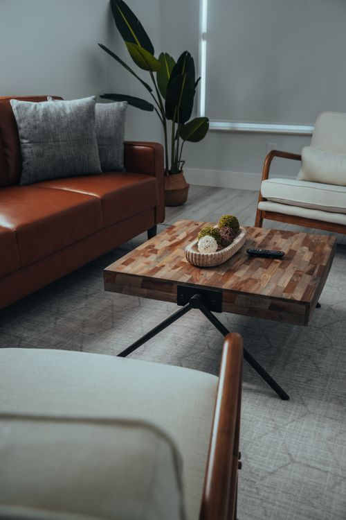 Free Stylish living room featuring leather couch, wooden table, and decorative plants. Stock Photo