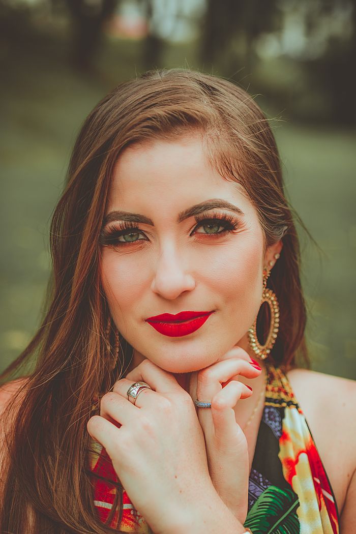 Polished lip and brow result, outdoor portrait