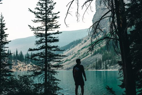 Free Silhouette of a man by a turquoise lake in Banff surrounded by coniferous trees and mountains. Stock Photo