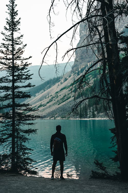 Man Standing on Moraine Lake Shore, Banff, Canada