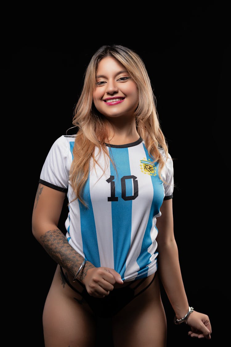 Blonde Woman In Argentinian Soccer Jersey