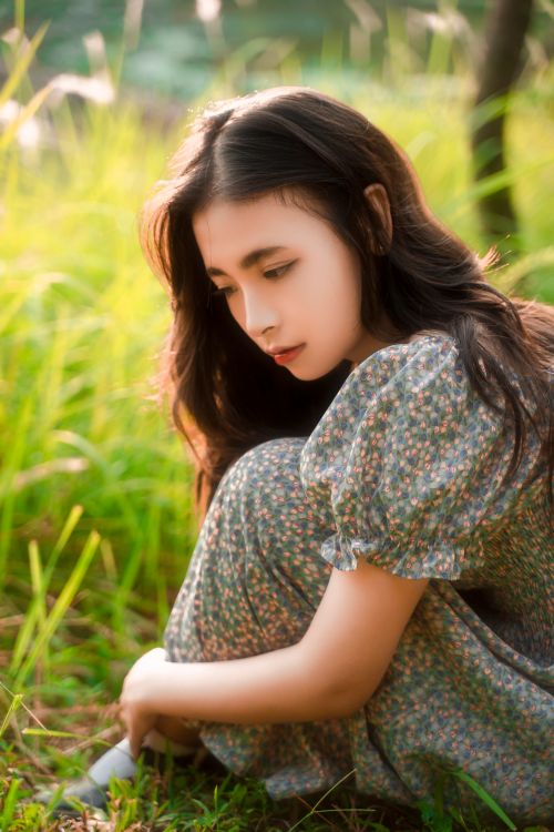 Free A young woman in a floral dress sits in a sunlit field, surrounded by tall grass. Stock Photo
