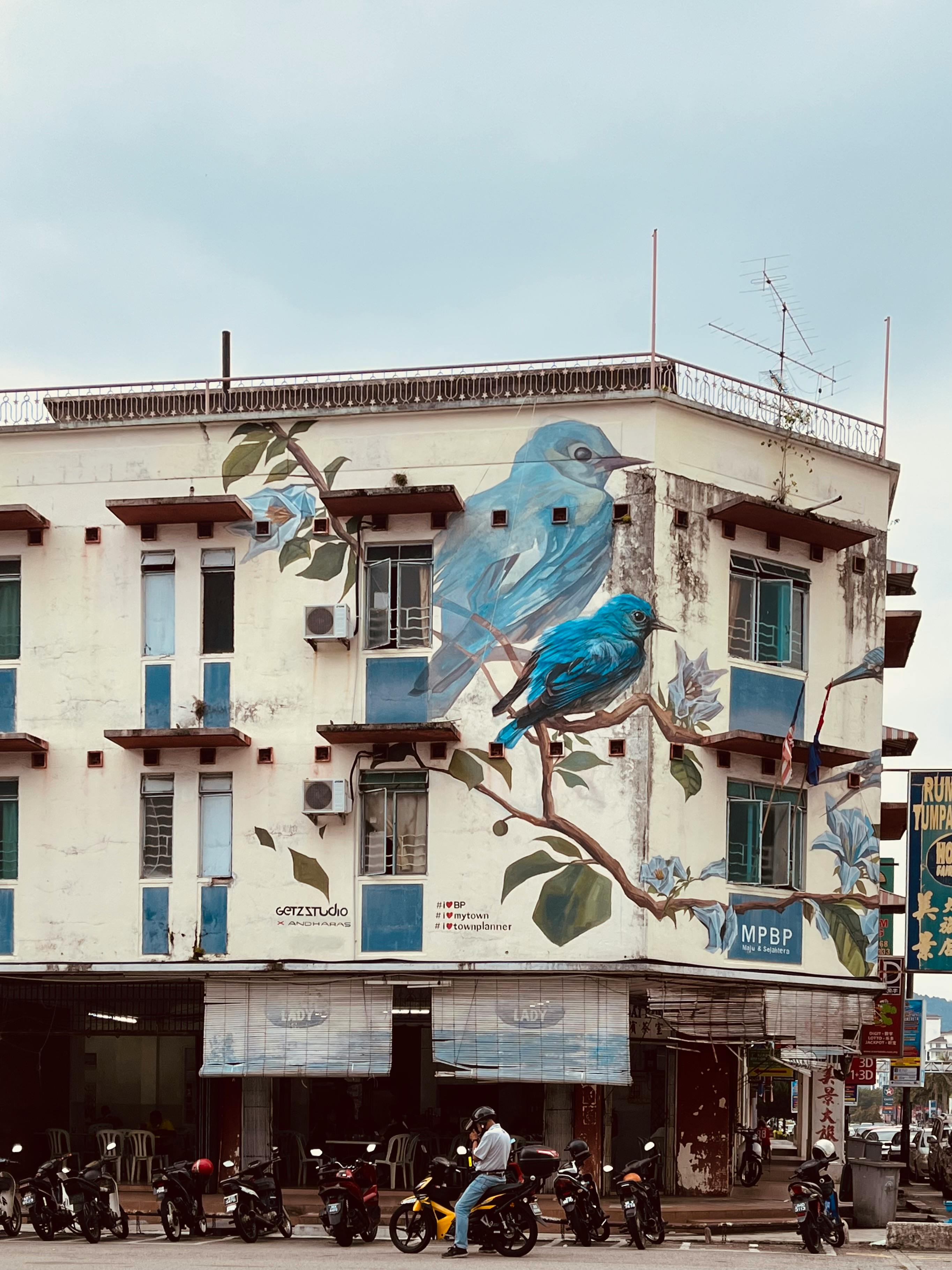 Colourful pre-war shophouses and street art along Tan Hiok Nee Heritage Street in Johor Bahru