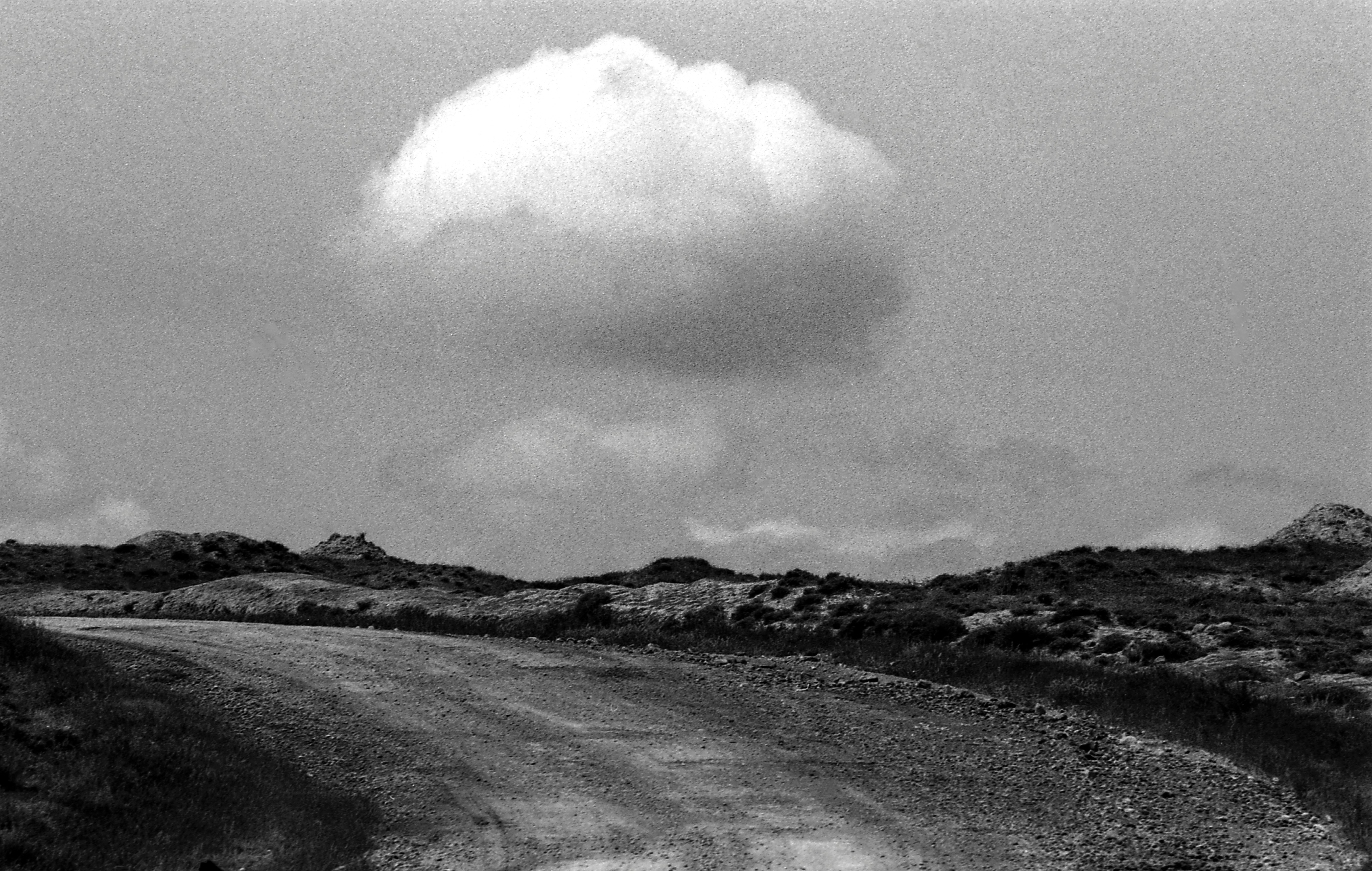 Captivating black and white image of a secluded dirt road under a lone cloud, depicting rural tranquility.
