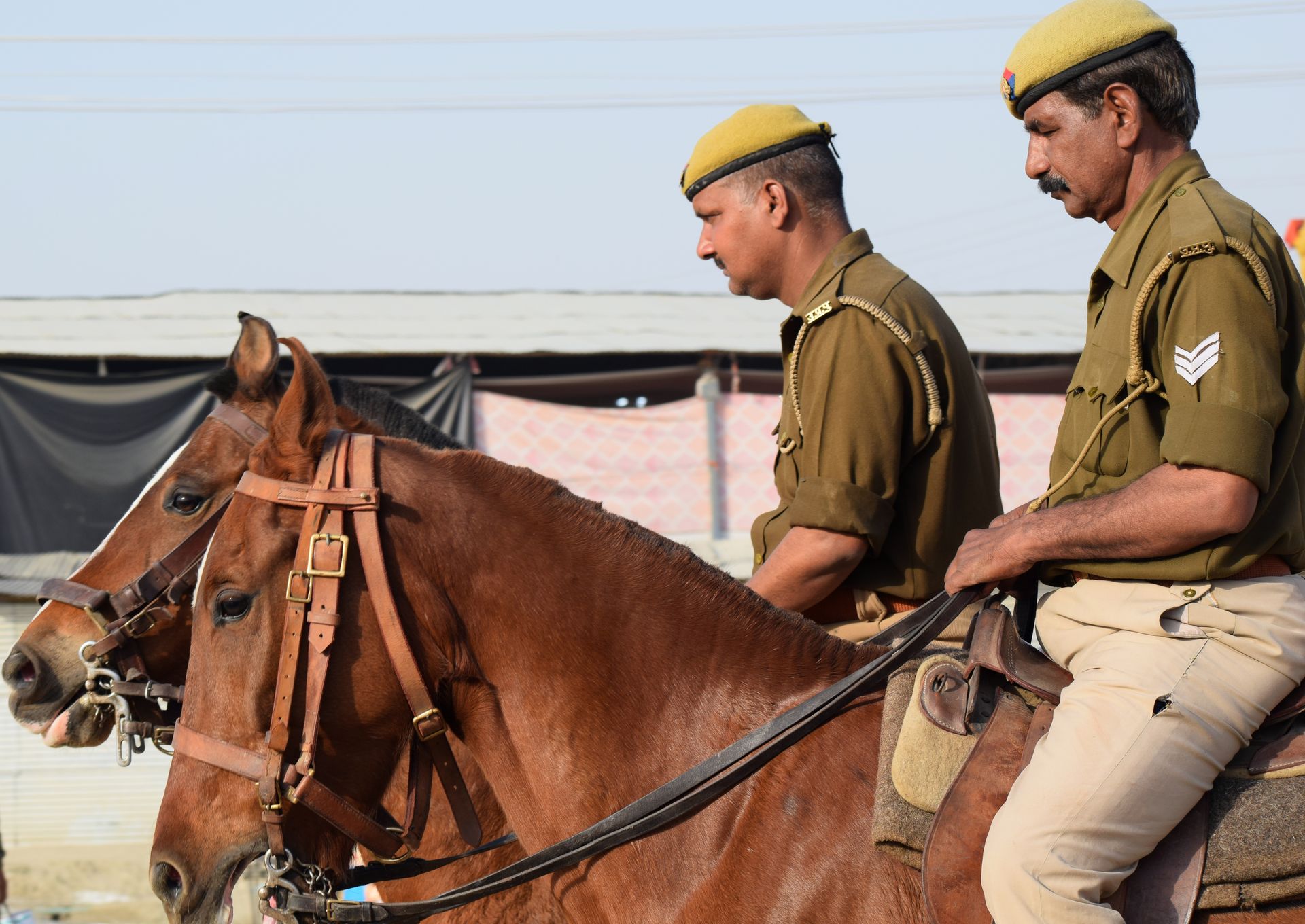 Two Mounted Police Officers in Khaki Uniforms Riding Brown Horses