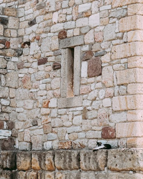 Free A black and white cat lounges on a historic stone wall in a cityscape, capturing urban tranquility. Stock Photo