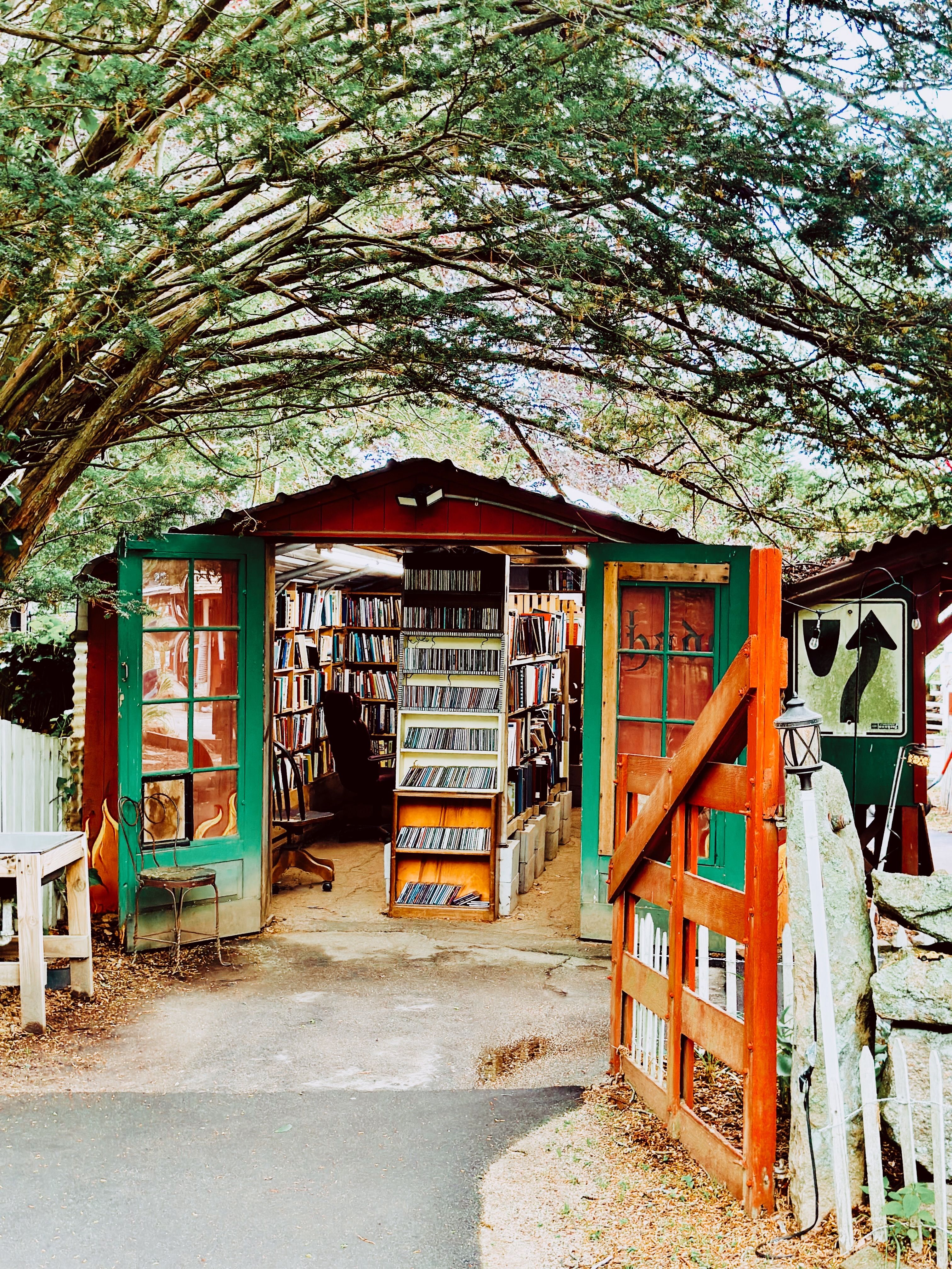 Explore a cozy, open-air library nestled among trees in the peaceful village setting of Connecticut.