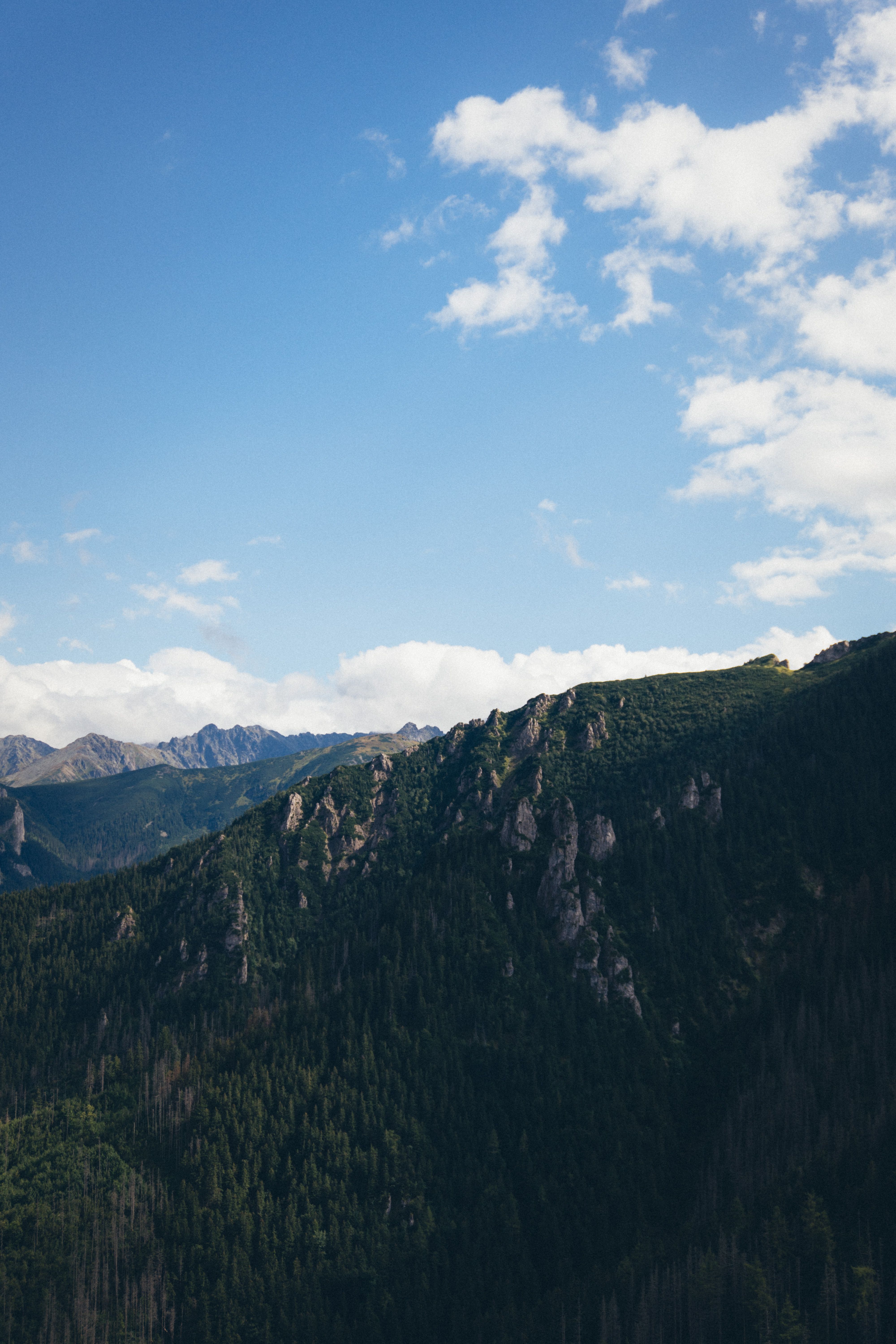 A serene view of the Tatra Mountains with lush forests and rocky peaks under a clear blue sky.