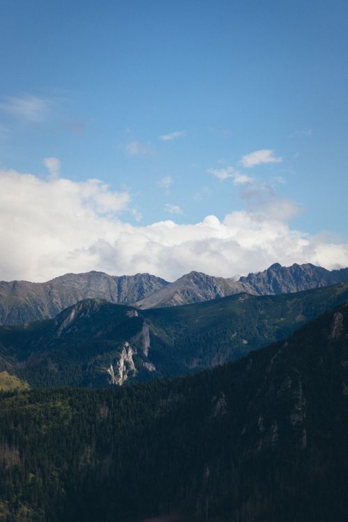 Free Beautiful view of the Tatra Mountains with lush forests and clear blue sky. Stock Photo