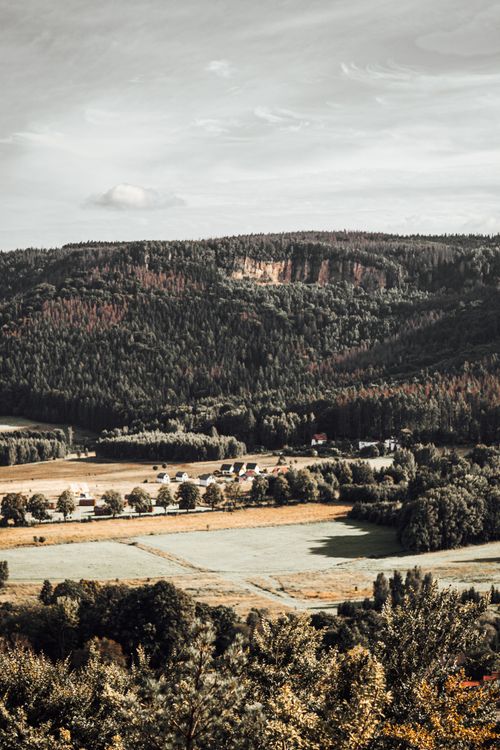 Free Beautiful panoramic view of a forest hillside and rural farmland landscape under a cloudy sky. Stock Photo
