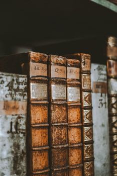 Close-up of vintage leather-bound books on a shelf, showcasing their age and history in a dimly lit library setting.