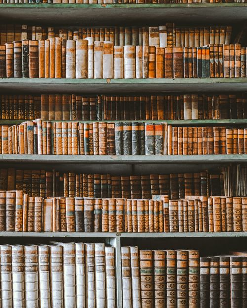 Free Rows of vintage books on wooden shelves in an old library. Perfect for literature and education themes. Stock Photo