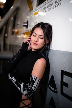 Stylish woman in black attire poses near Apollo 11, blending fashion with aviation.