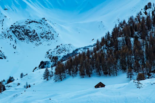 A tranquil snowy mountain scene with a cabin amidst frosty trees.