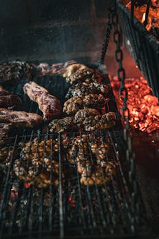 Close-up of a traditional Argentine barbecue with various meats grilling over hot coals.