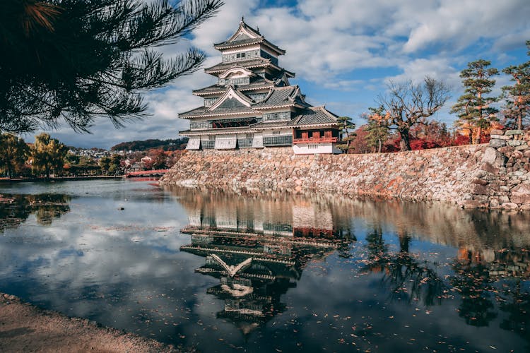 Pagoda Temple Near Lake Under Cloudy Sky