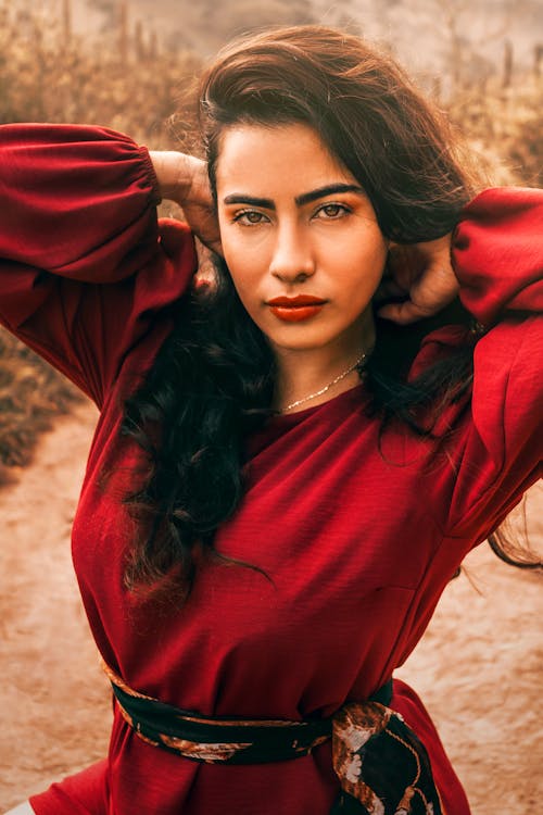 Attractive Brunette in Red Dress