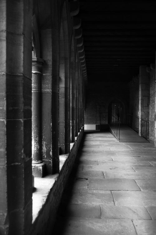 Free A dramatic black and white photo of a gothic colonnade with stone pillars and arched ceilings. Stock Photo