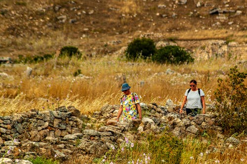 Travelers Walks between Stone Walls