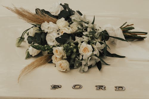 Wedding Bouquet on Ford Car Hood