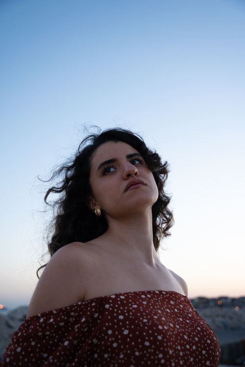 Free A woman in a red floral dress gazes upwards during sunset, creating a dramatic portrait. Stock Photo