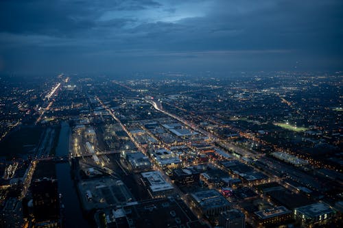 Aerial View of a Modern City in the Evening 