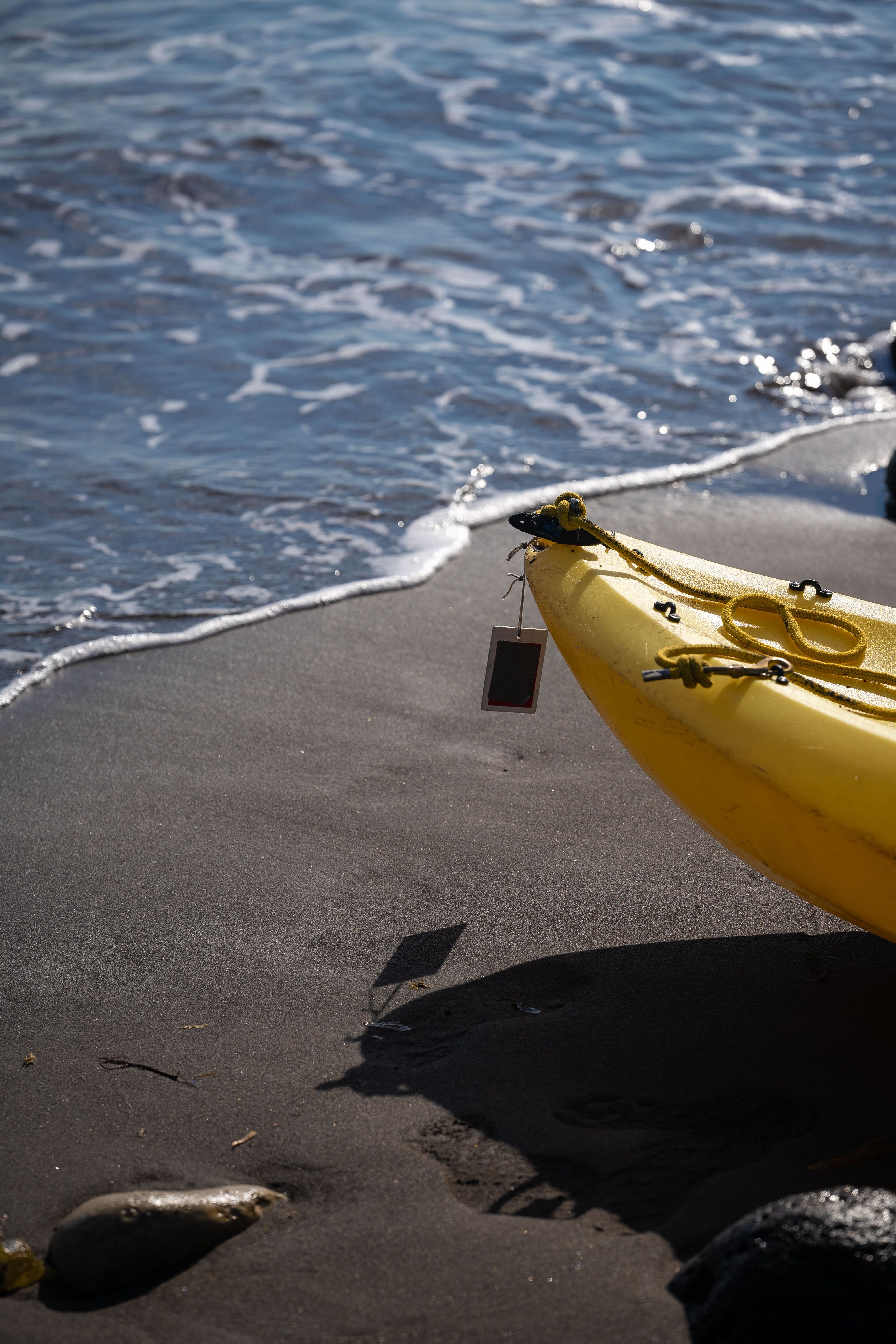 Yellow kayak resting on a sandy shoreline beside gentle water before an outdoor paddling session