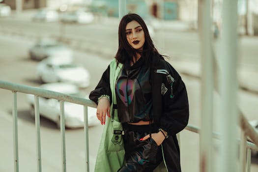 Stylish woman in dark urban fashion standing on city street in Urmia.
