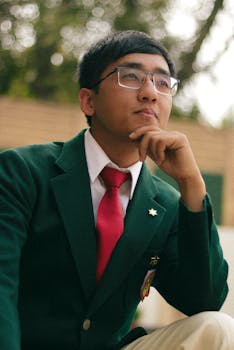 Portrait of a young East Asian man in a suit and eyeglasses, thinking with hand on chin.