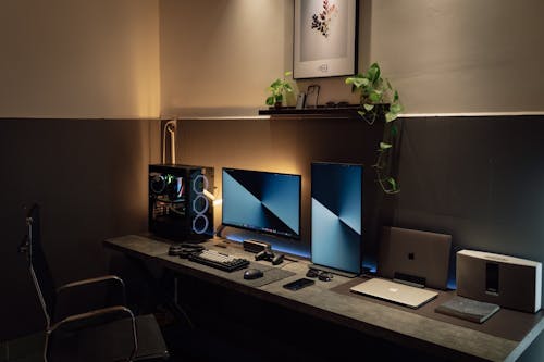 Fancy Table Computer Setup Organized Computer Setup on White Wooden Table · Free Stock Photo