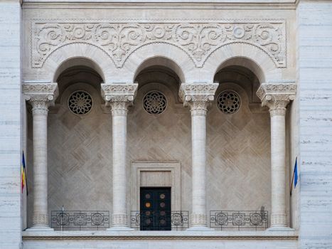 Intricate architectural details of Timisoara's National Opera House facade.