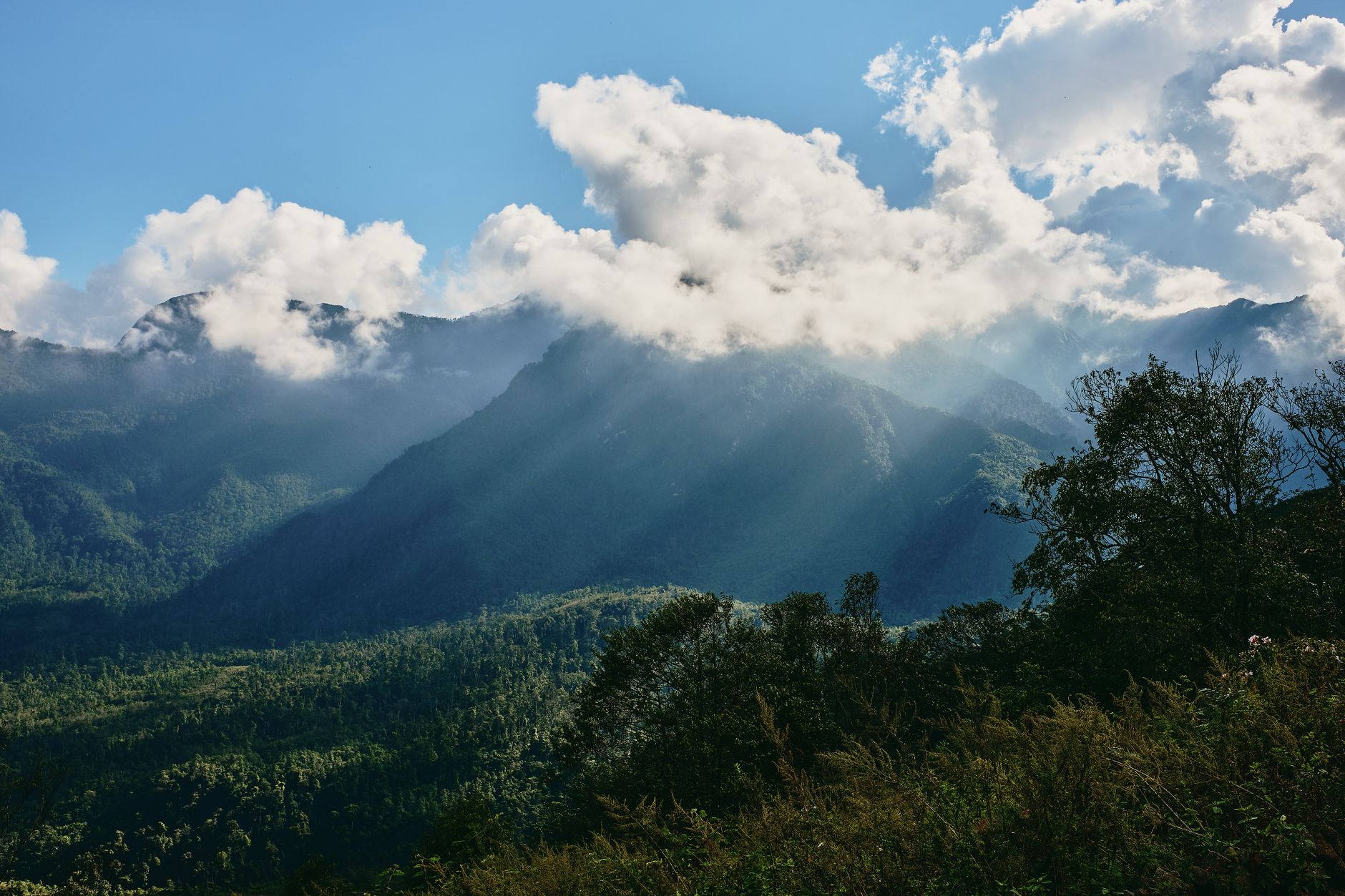 Breathtaking sun rays over lush mountains and forest in Lào Cai, Vietnam.