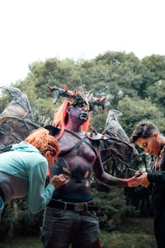 Fantasy character with wings and bodypaint being prepared outdoors. Dramatic transformation captured.