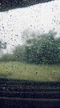View of rain-drenched landscape from a bus window, creating a peaceful travel atmosphere.