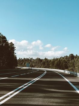 An empty highway curving through a lush forest under a clear blue sky.