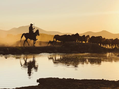 A serene scene of a horse wrangler guiding a herd across a river at sunrise, showcasing silhouettes and reflections.