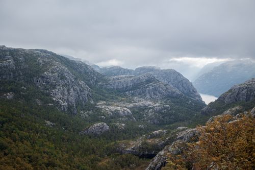 Free Breathtaking view of rocky Norwegian mountains and fjords under cloudy autumn skies. Stock Photo