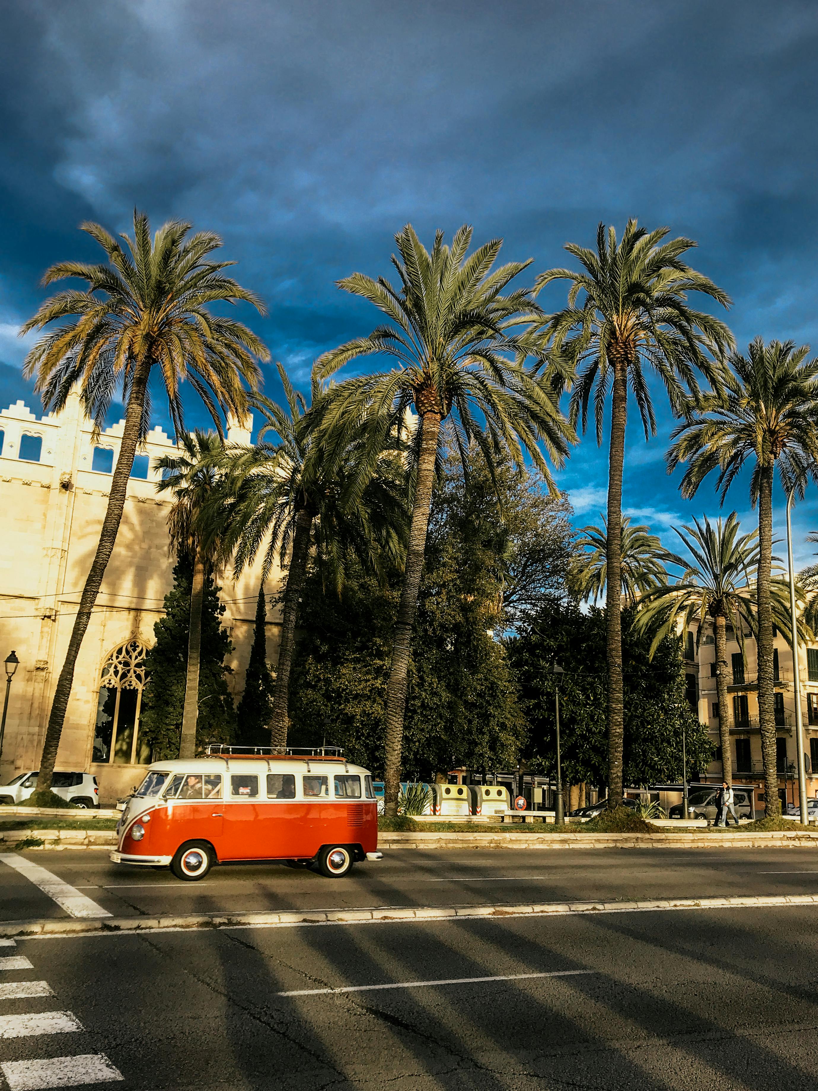 一辆充满活力的红色复古货车停在绿树成荫的城市街道上，头顶是蔚蓝的天空