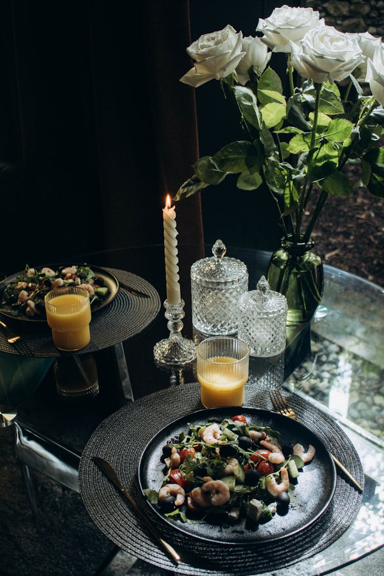 Roses, Juice And Seafood On Plate