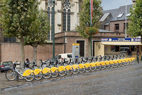 A Row of Rental Bicycles on the Street in Brussels, Belgium