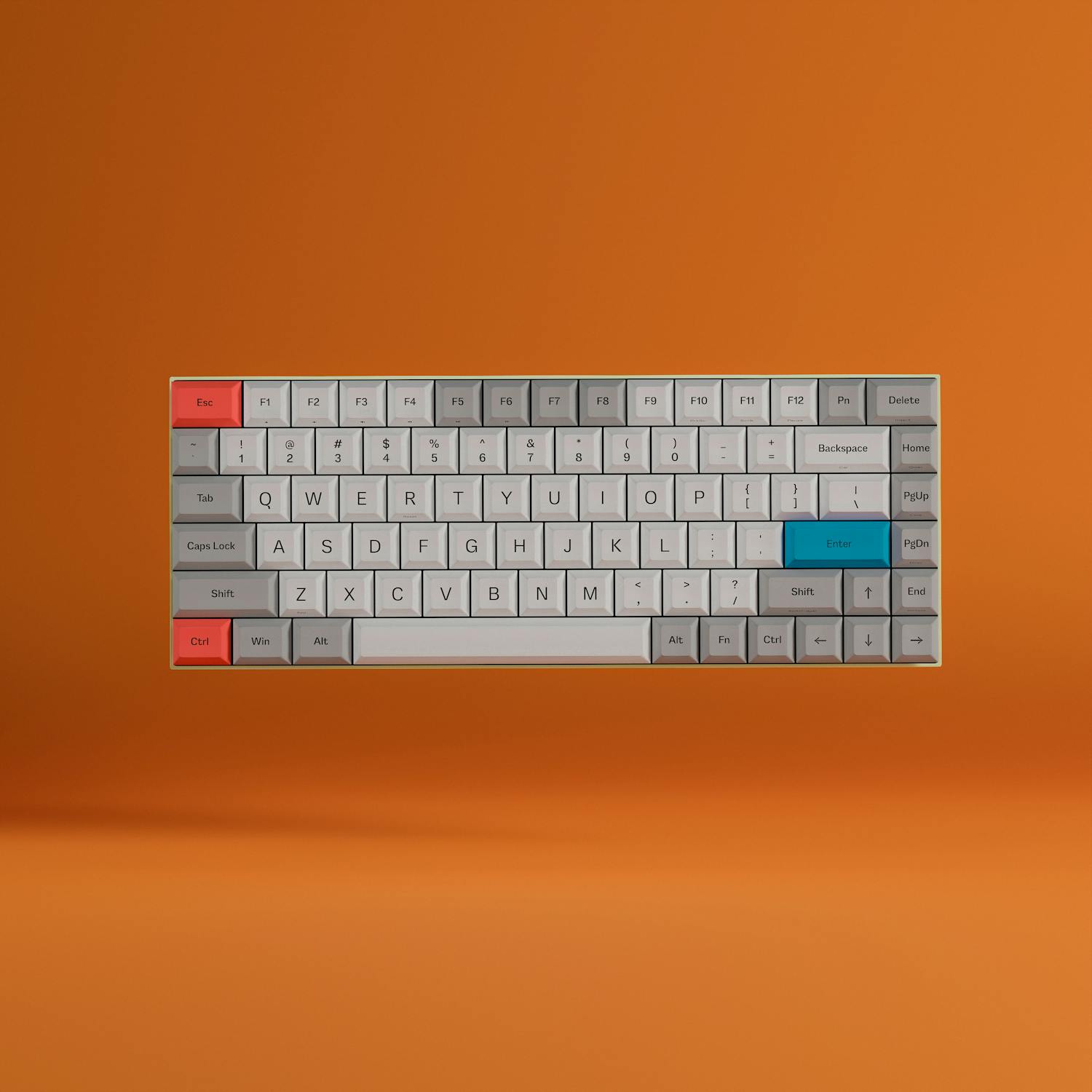 A modern mechanical keyboard with colorful keys against an orange backdrop.