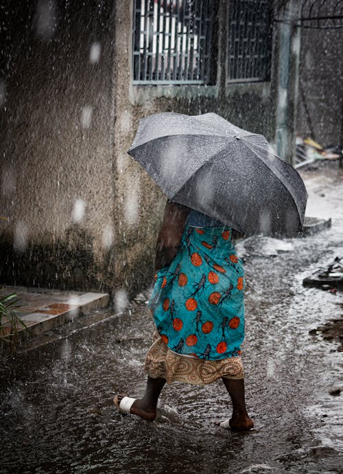 Woman Walking under an Umbrella in the Downpour