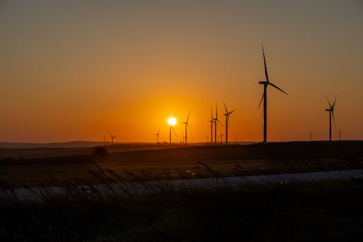 Beautiful sunset over a wind farm in Silivri, İstanbul, showcasing sustainable energy efforts.