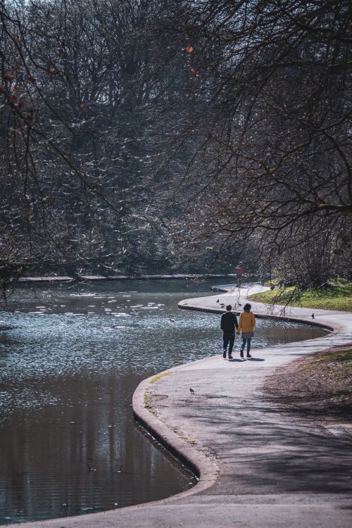 Free A couple walks along a winding path by a tranquil lake in a serene park setting. Stock Photo