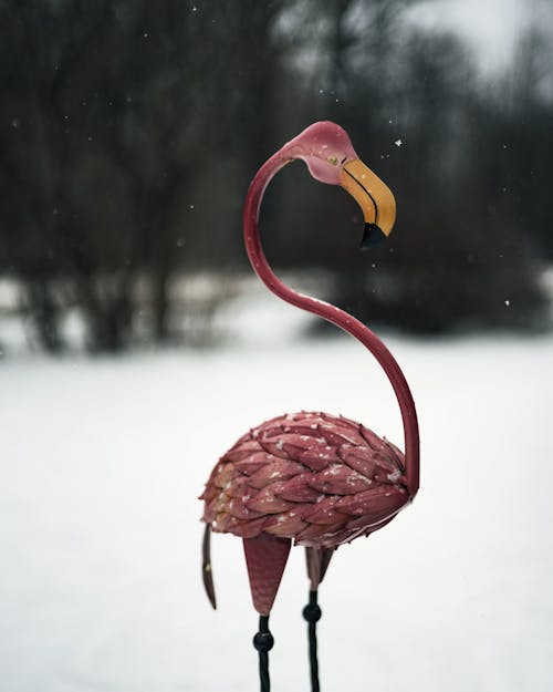 Roze Flamingo Beeldje In Besneeuwd Gebied