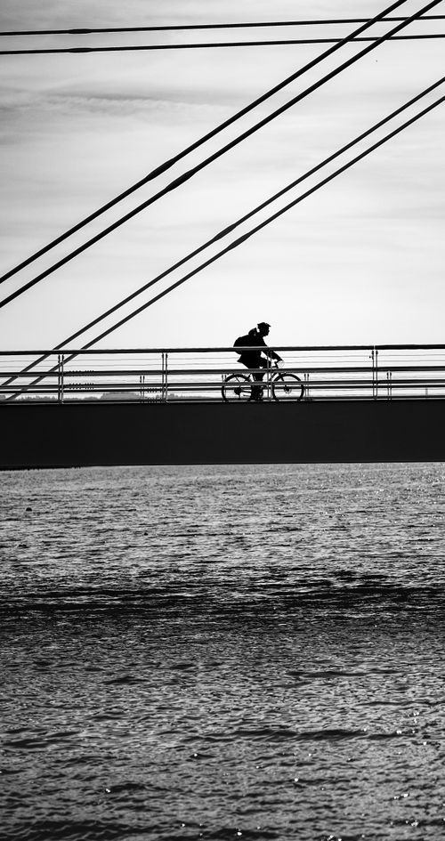 Free Black and white image of a cyclist on a suspension bridge above water. Stock Photo
