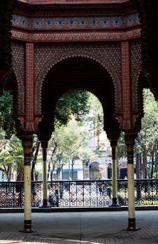 Breathtaking view of the historic Morisco Kiosk in Mexico City, a blend of colorful architecture.